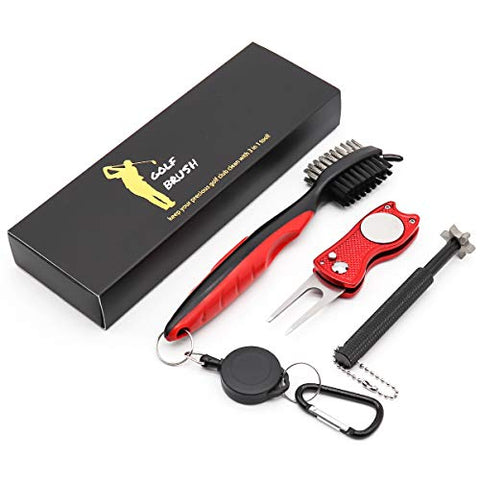 Image of Golf Club Cleaner Set,Golf Club Brush,Golf Club Groove Sharpener with 6 Heads,Foldable Golf Divot Repair Tools,Double-sided Cleaning Brush with 2 Ft Retractable Zip-line Aluminum Carabiner,3 Pack