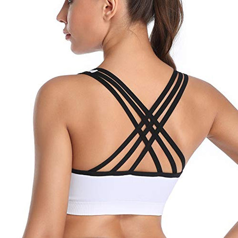 Image of MIRITY Padded Strappy Sports Bras for Women Fashion Comfy Activewear Workout Bra Pack of 3, Black Blue White, Small