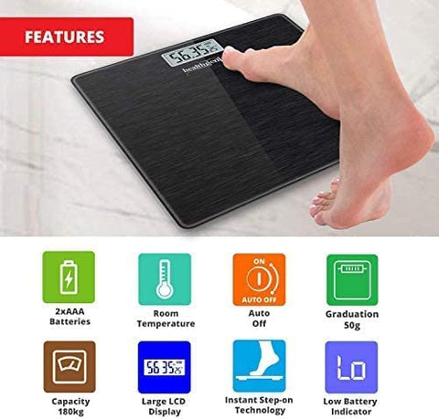 Image of Healthgenie Thick Tempered Glass Lcd Display Digital Weighing Machine , Weight Machine For Human Body Digital Weighing Scale, Weight Scale, with 2 Year Warranty & Batteries Included (Brushed Black)