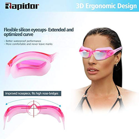 Image of Rapidor Swim Goggle for Men Women Teens, Anti-Fog UV-Protection Leak-Proof, RP905 Series Multiple Choices (Pink- Mirrored Lenses)