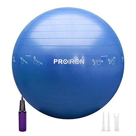 Image of PROIRON Printed Yoga Ball-55cm Blue Exercise Ball with Postures Shown on The Yoga Ball, Pregnancy Ball, Anti-Burst Gym Ball, Swiss Ball with Pump, Birthing Ball for Yoga, Pilates, Fitness, Labour