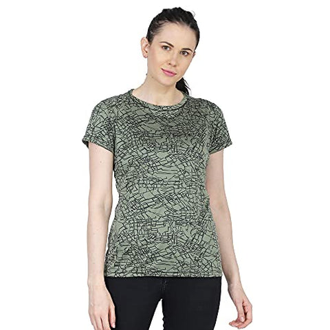 Image of URBAN CIRCUS Polyester Women's Round Neck Half Sleeve Yoga Gym Sports Dryfit Active Wear T Shirt (Green and Orange Combo, Large)