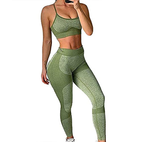 Image of TAKIYA Women's 2 Piece Yoga Workout Outfit Sports Bra High Waist Seamless Leggings Tracksuits Cross Back Tank Top Light Green L