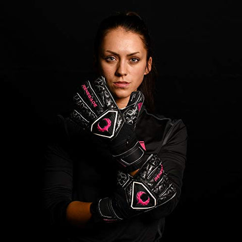 Image of Renegade GK Triton Frenzy Goalie Gloves with Pro-Tek Finger Spines | 3.5+3mm Super Grip & 4mm Duratek | Black & Pink Soccer Goalkeeper Gloves (Size 7, Youth, Roll-Neg. Hybrid Cut, Level 2)