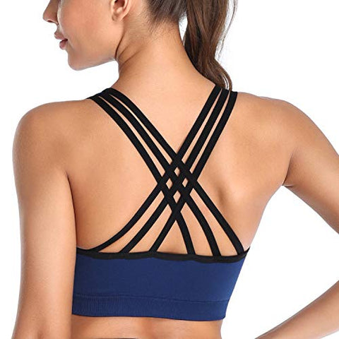 Image of MIRITY Padded Strappy Sports Bras for Women Fashion Comfy Activewear Workout Bra Pack of 3, Black Blue White, Small