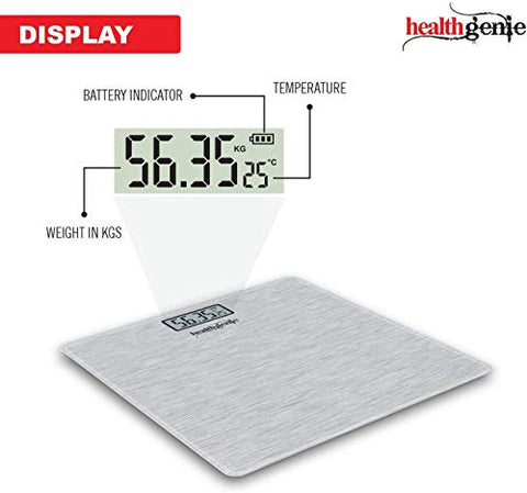 Image of Healthgenie Thick Tempered Glass Lcd Display Digital Weighing Machine , Weight Machine For Human Body Digital Weighing Scale, Weight Scale, with 2 Year Warranty & Batteries Included (Brushed Metallic)
