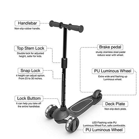Image of Baybee Alpha Scooter for Kids, 3 Wheel Kids Scooter Smart Kick Scooter with Foldable & Height Adjustable Handle & Extra-Wide LED PU Wheels & Brake, Skate Scooter for Kids (F3-Black)