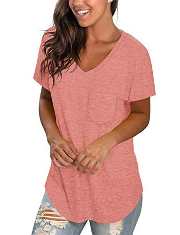 Image of WEESO Womens T Shirts V Neck Tops Short Sleeve Ladies Summer Tunic Loose Fit Tee Coral XXL