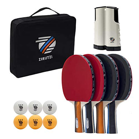Image of ZIRUTZI Table Tennis Set with Retractable Ping Pong Net ‚ Table Tennis Paddles Set (4 Table Tennis Rackets) - 6 Ping Pong Balls - Premium Carrying Case - Complete Bundle Play Anywhere