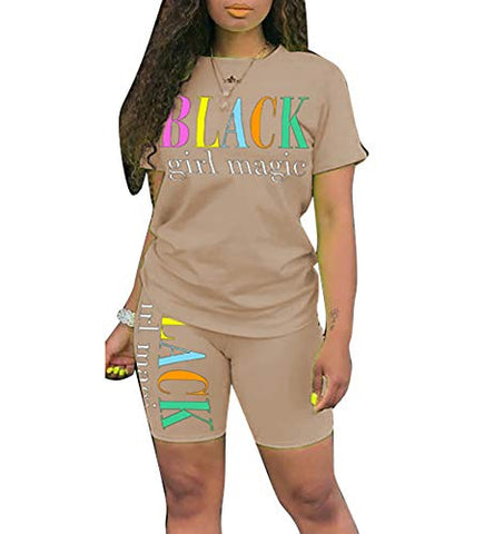 Image of Women's Lightweight Two Piece Sports Outfit Letter Printed Tracksuit Shirt Shorts Jogger Sportswear Set Activewear Apricot XL