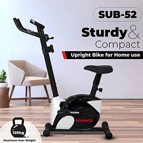 Image of SPARNOD FITNESS SUB-52 Upright Exercise Bike for home gym - LCD Display, Height Adjustable Seat, Compact design 4Kg Flywheel and Heart Rate Sensors Perfect Cardio Exercise Cycle Machine (Black/White)