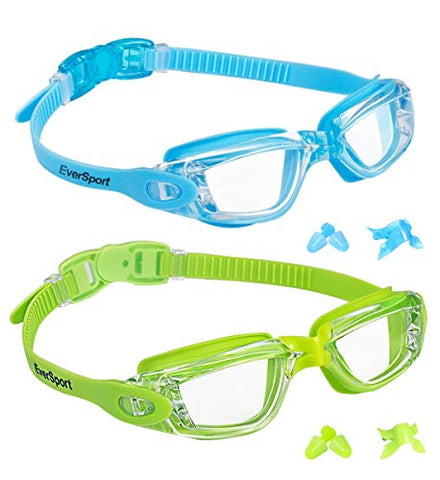Image of EVERSPORT Kids Swim Goggles 2 Pack, LightBlue & Green, Swimming Goggles for Teenagers, Anti-Fog Anti-UV Youth Swimming Glasses, Leakproof, Free Ear Plugs, one Button Open Straps, for 4-15 Y/O