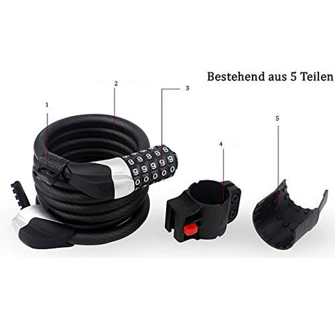 Image of Mayan Cobra Cycle Cable Lock, Helmet Lock, Self Coiling 5 Digit Resettable Number Combination Cable Bike Locks, 4 Feet x 1/2 Inch