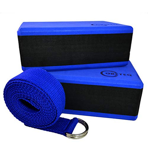 Image of Coreteq High Stability EVA Foam Yoga Block Brick Set of 2 with Yoga Belt Starter Kit (Blue-Black-Blue)