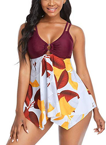 Image of Womens Athletic Two Piece Swimsuits Tummy Control Swimsuit for Women Bathing Suits with Sporty Shorts, Light Purple Leaf, 20-22
