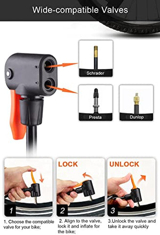 Image of QUPET ® Mini Portable Bike, Bicycle Tire Hand Foot Activated Floor Pump with Presta Schrader Dunlop Valves Extra Valve and Gas Needle