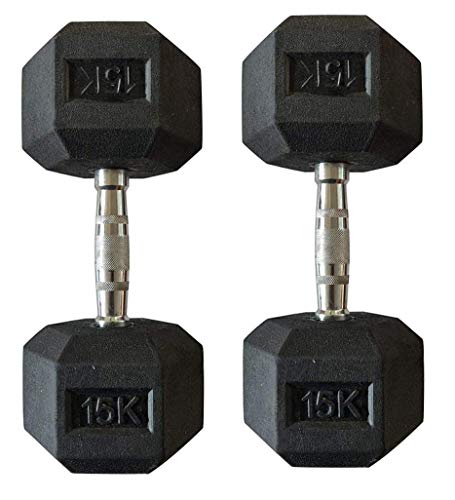 Body Maxx Hex Dumbbells 15 kg Pair, Rubber Dumbbell Set 15kg, Black Rubber Coated Dumbbells with Steel Grip Home Gym Fitness