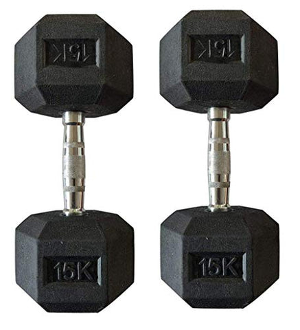Image of Body Maxx Hex Dumbbells 15 kg Pair, Rubber Dumbbell Set 15kg, Black Rubber Coated Dumbbells with Steel Grip Home Gym Fitness