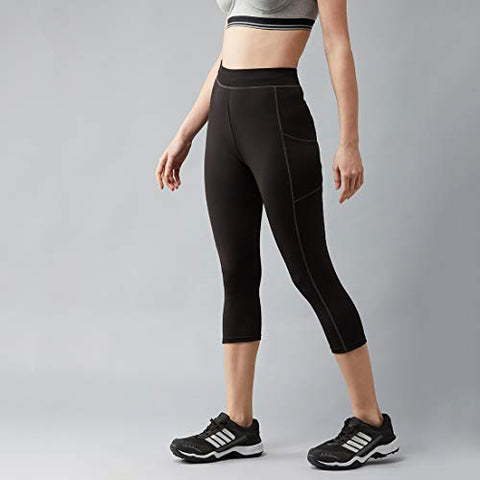 Image of BLINKIN Yoga Gym Workout and Active Sports Fitness Activewear 3/4th Skinny Fit Capri Tights for Women|Girls with Side Pockets(015,Black with Grey Contrast Thread,Size_L)