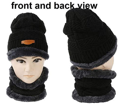 Image of ABlue Clipper Unisex Woollen with Faux Fur Inner Side Beanie Cap and Neck Muffler Winter Combo Set (Black , Free Size )