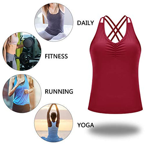 Image of Womens Yoga Tank Tops with Built in Bra Strappy Back Workout Tops Sports Racerback Activewear (#B-Red, X-Large)