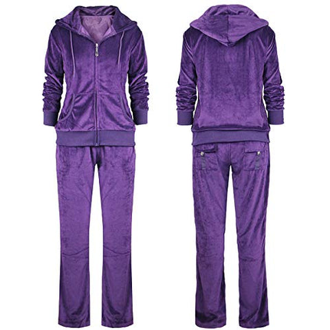 Image of Facitisu Black Grey Womens Velvet Zip Hooded Sweatshirt Athletic Soft Plus Size Hooded and Sweat Pants Tracksuit Set (XL, Purple)