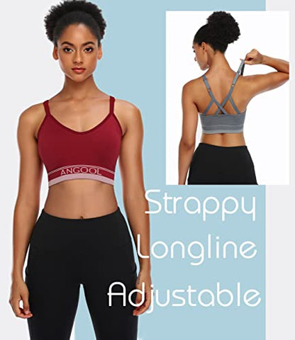 Image of ANGOOL Women's Strappy Sports Bra with Adjustable Straps - Medium Support Longline Wirefree Activewear Bra,3 Pack,Black+Grey+Red,Medium