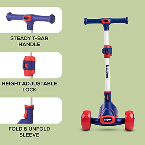 Image of Baybee Enzo Skate Scooter for Kids, 3 Wheel Kids Scooter, Smart Kick Scooter with Fold-able & Height Adjustable Handle, Runner Scooter with Wide LED PU Wheels & Handle for Kids