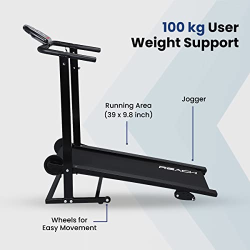Reach T-90 Manual Treadmill for Home Workout | Foldable Treadmill With Wheels | Walking & Running Machine For Home Gym | Manual Incline | 12 Months Warranty | Max User Weight 100kg