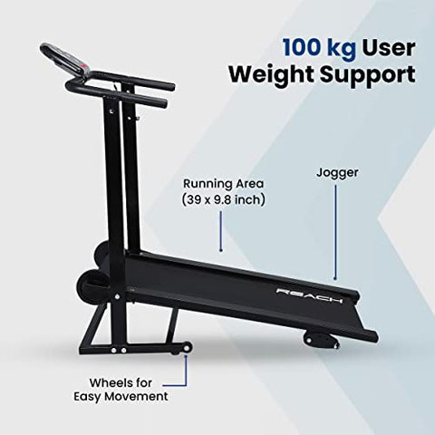 Image of Reach T-90 Manual Treadmill for Home Workout | Foldable Treadmill With Wheels | Walking & Running Machine For Home Gym | Manual Incline | 12 Months Warranty | Max User Weight 100kg