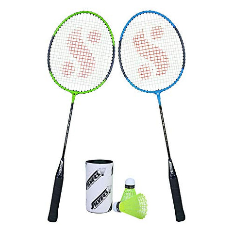 Image of Silver's SB-100 Combo-2 (2 B/Badminton Rackets with 1 Full Cover + 2 Pcs Plastic Shuttle) Green-Blue, Steel