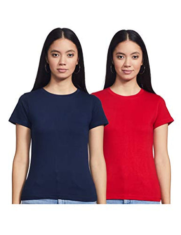 Image of T2F Women's Plain Regular fit T-Shirt (Pack of 2) (wom-solid-combo-03_Navy, Red Medium)