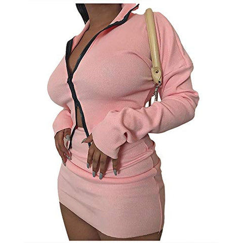 Image of XLLAIS Women's Ribbed Double Zipper Tops Sets Tracksuits Pink M