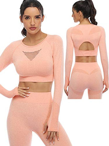 Image of Seamless Workout Sets for Women 2 Piece Long Sleeve Crop Tops and High Waisted Leggings for Women Tracksuit Set (8003L-Vibrant Orange)