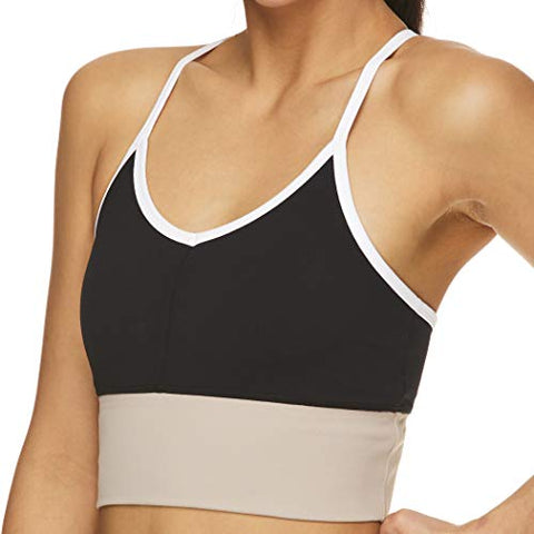 Image of Gaiam Women's Strappy Wireless Bralette - Medium Impact Longline Racerback Workout & Yoga Sports Bra - Black (Tap Shoe) Athena Colorblock, Medium