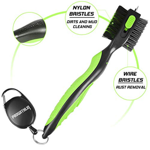 Image of Golf Club Brush and Golf Club Groove Cleaner 2 in 1, 2ft Retractable Zip-line Metal Buckle and Retractable Sharp Pick, Multifunctional Brush Head with Nylon and Wire Bristles(Black and Green Upgraded