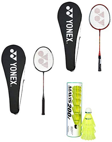Image of Yonex GR 303 Aluminum Blend Badminton Racquets with Full Cover, Pack of 2 (Black + Red) and Mavis 200i combo