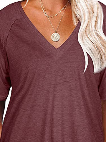 Image of Women's V Neck Off The Shouder Short Sleeve T Shirts Summer Loose Casual Loose Oversize Tops Burgundy Small