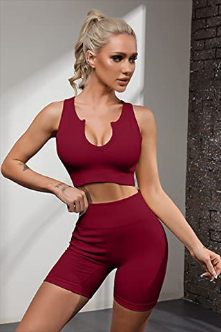 Image of FAFOFA Active Wear Outfits for Women 2 Piece Sets Athletic Seamless Leggings and Ribbed Sport Bra Sets Wine M