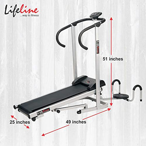 Image of Life Line Fitness LT-202 Manual Treadmill 3in1 with a Twister and Push-up Stand & Walking and Running Foldable Multifunctional Jogger Machine 2 Level Inclination, Made in India, Black