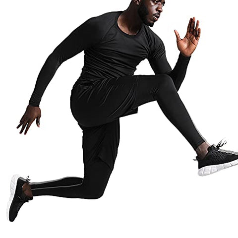 Image of BUYJYA 5Pcs Men's Compression Pants Shirt Top Long Sleeve Jacket Set Suit (WUXIU-Black, S)