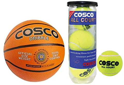 Image of Cosco All Court Tennis Ball, Pack of 3 (11004)+Cosco 13013 Dribble Basket Ball, Size 7 (Orange)