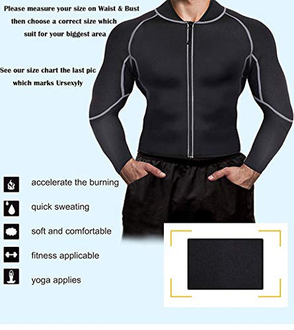 Image of Ursexyly Men Exercise Sweat Hot Dress Shirt, Sauna Suit Neoprene Slimming Fitness Jacket Gym Wear for Core Muscle Training (Black Exercise Shirt, L)