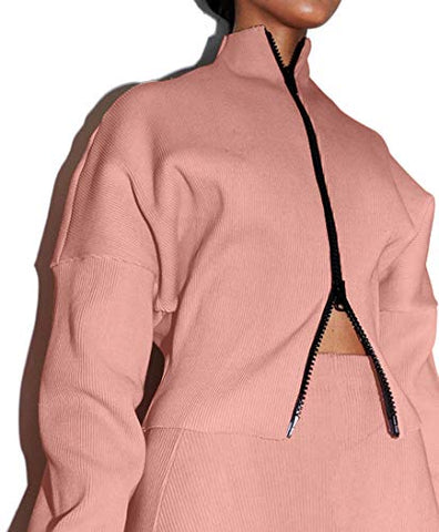 Image of XLLAIS Women's Ribbed Double Zipper Tops Sets Tracksuits Pink M