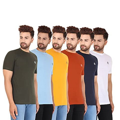 Image of RZERO9 Men's Solid Plain Regular Fit Half Sleeve Cotton Round Neck T-Shirt Combo (Pack of 6)/OLIVESKY Blue/Mustard/Rust/Navy/White