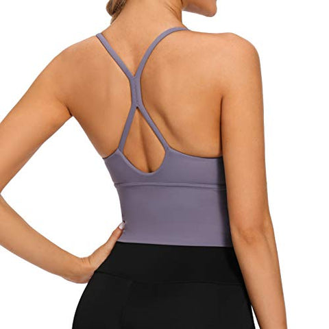 Image of VIBOJOY Longline Strappy Padded Sports Bras Workout Running Tank Crop Tops Yoga Gym Fitness Activewear for Women (Grey-Purple, Small)