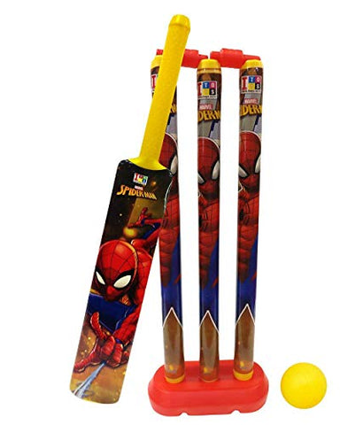 Image of MANAKI ENTERPRISE Plastic Spiderman Cricket Kit Combo Set for Kids with 3 Stumps with Bat and Ball ( Multicolour)