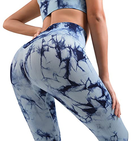 Image of OLCHEE Women's 2 Piece Workout Outfits - Seamless Tie-dye Leggings and Sports Bra Yoga Activewear Set - Blue Size XL
