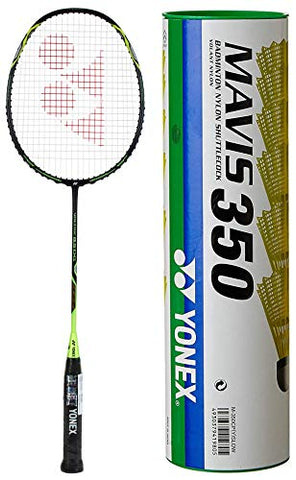 Image of Yonex VOLTRIC 0.5DG Badminton Racquet (Black/Lime, Graphite, 35 lbs. Tension) & Mavis 350 Green Cap Nylon Shuttlecock (Yellow)