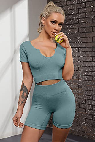 Image of FAFOFA Active Wear Outfits for Women Ribbed Seamless Sport Shorts Crop Tops 2 Piece Yoga Sets L